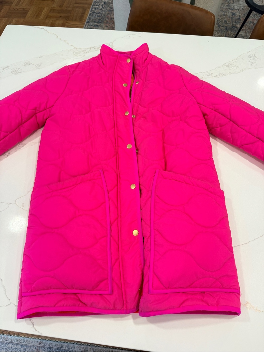 J. Crew Quilted Long Puffer Coat in Hot Pink